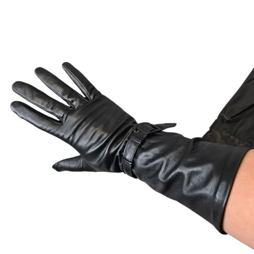 NWT Vintage Fownes Women's Size 7 Buckle Strap Long Black Genuine Leather Gloves